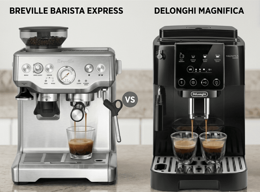 Breville Barista Express and DeLonghi Magnifica espresso machines compared side by side