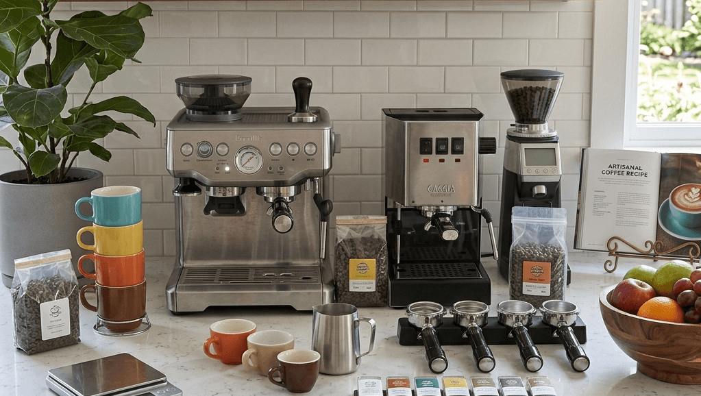 Breville Barista Express and Gaggia Classic Pro espresso machines side by side