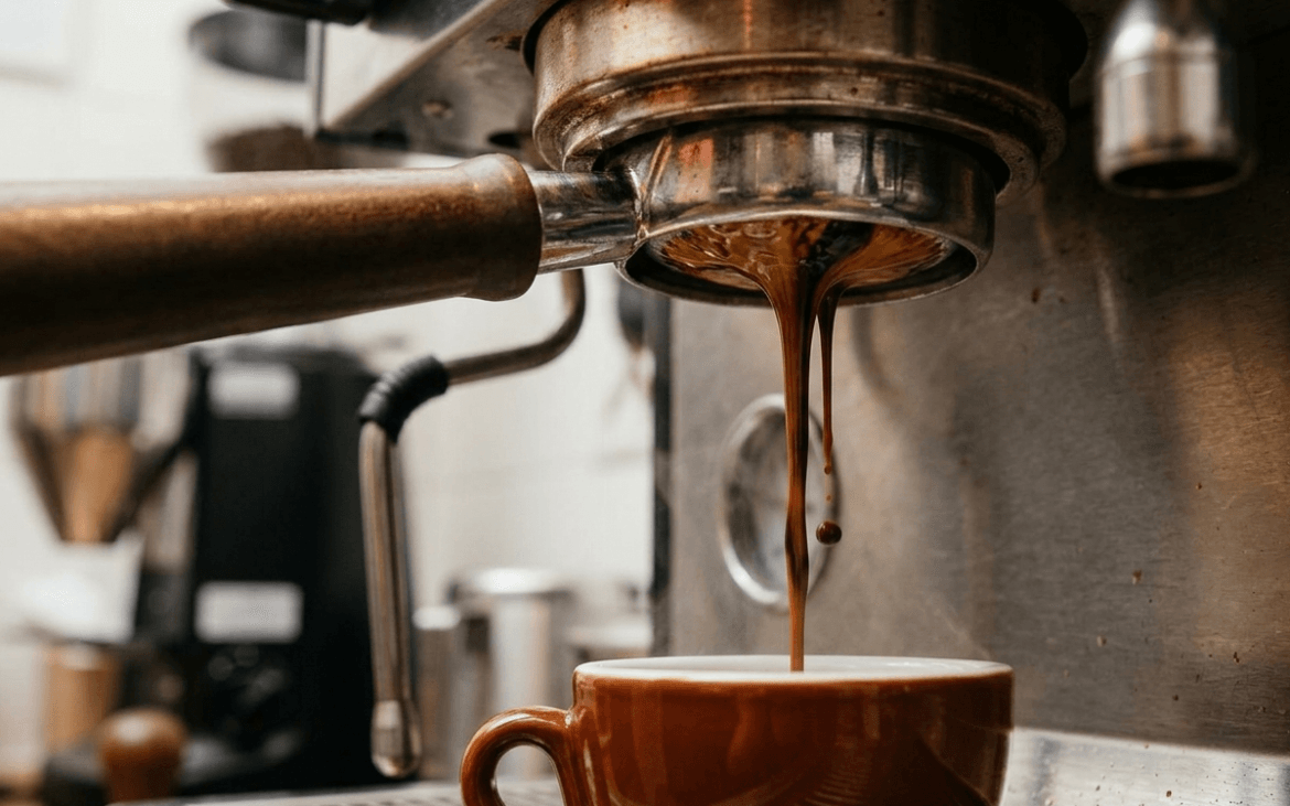 Bitter espresso shot pulling slowly from an espresso machine portafilter