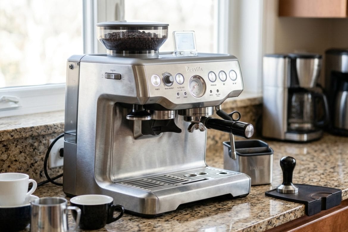 Breville Barista Express BES870XL espresso machine with built-in grinder on a kitchen counter