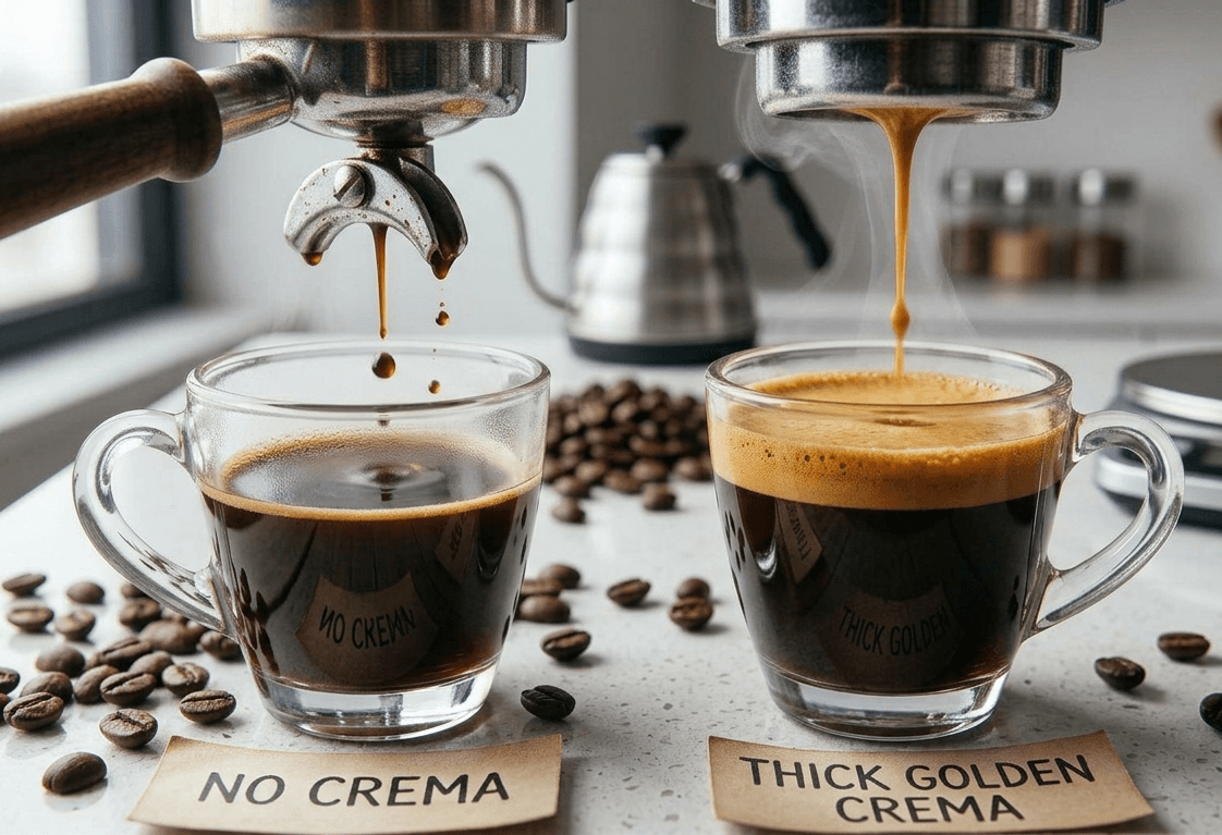 Espresso shot with no crema next to a shot with thick golden crema