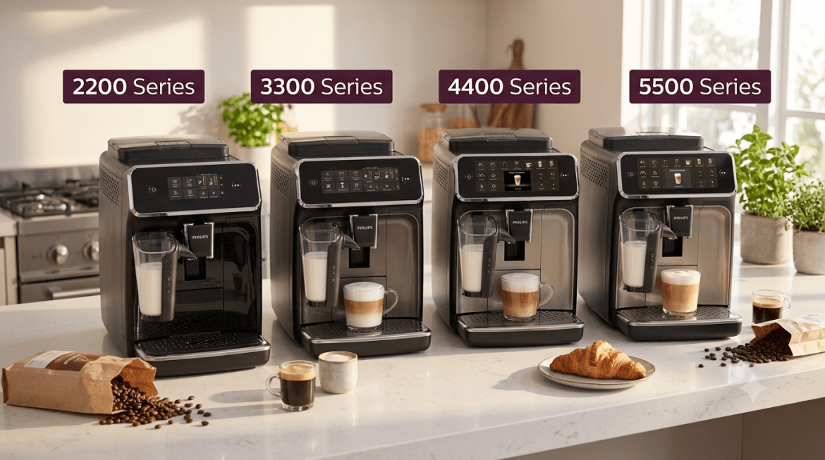 Philips LatteGo espresso machine lineup compared 2200, 3300, 4400 and 5500 Series