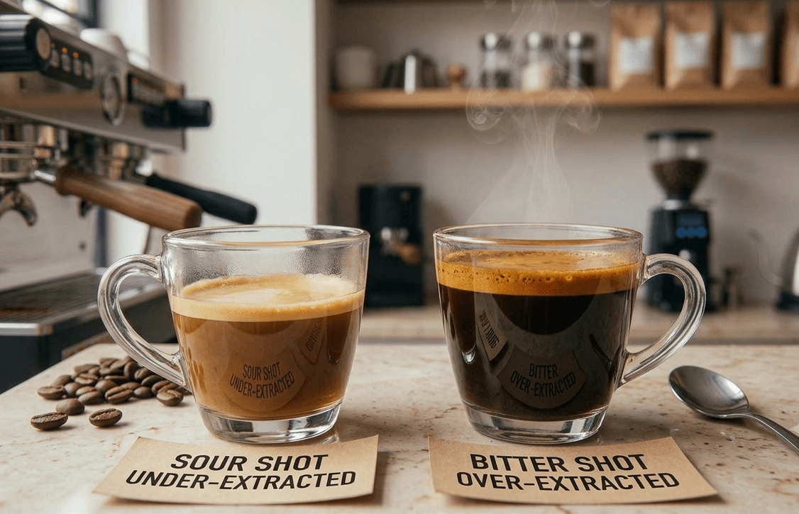 Sour and bitter espresso shots compared side by side in two cups