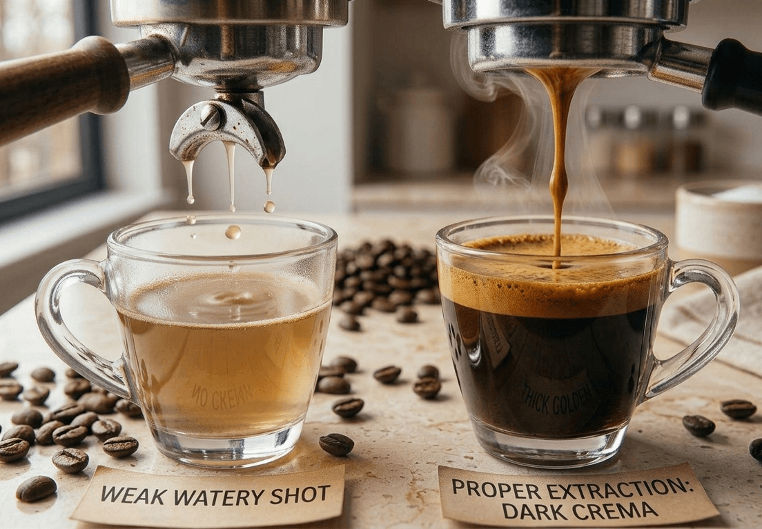 Weak watery espresso shot next to a properly extracted espresso with dark crema