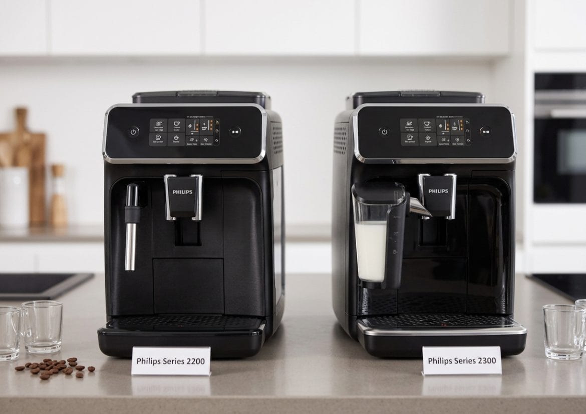 Philips 2200 vs 2300 comparison — same LatteGo espresso hardware, the 2300 adds SilentBrew and one-touch iced coffee